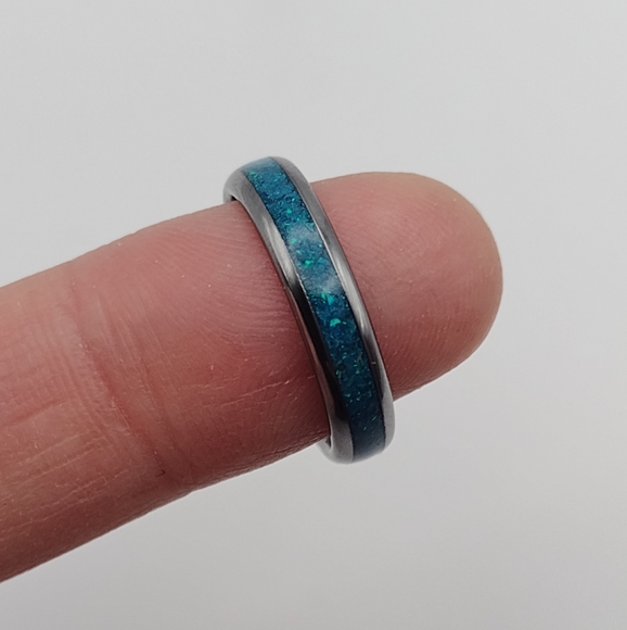 NIB Artisan Made Blue Opal and Tungsten Stackable Ring Wedding Engagement Band - Picture 7 of 8